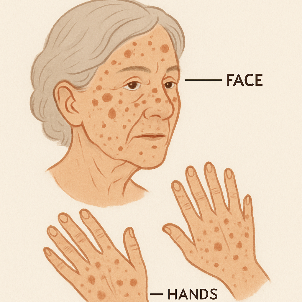 Illustration of age spots on an elderly woman's face and hands, highlighting common areas affected by hyperpigmentation and sun damage.