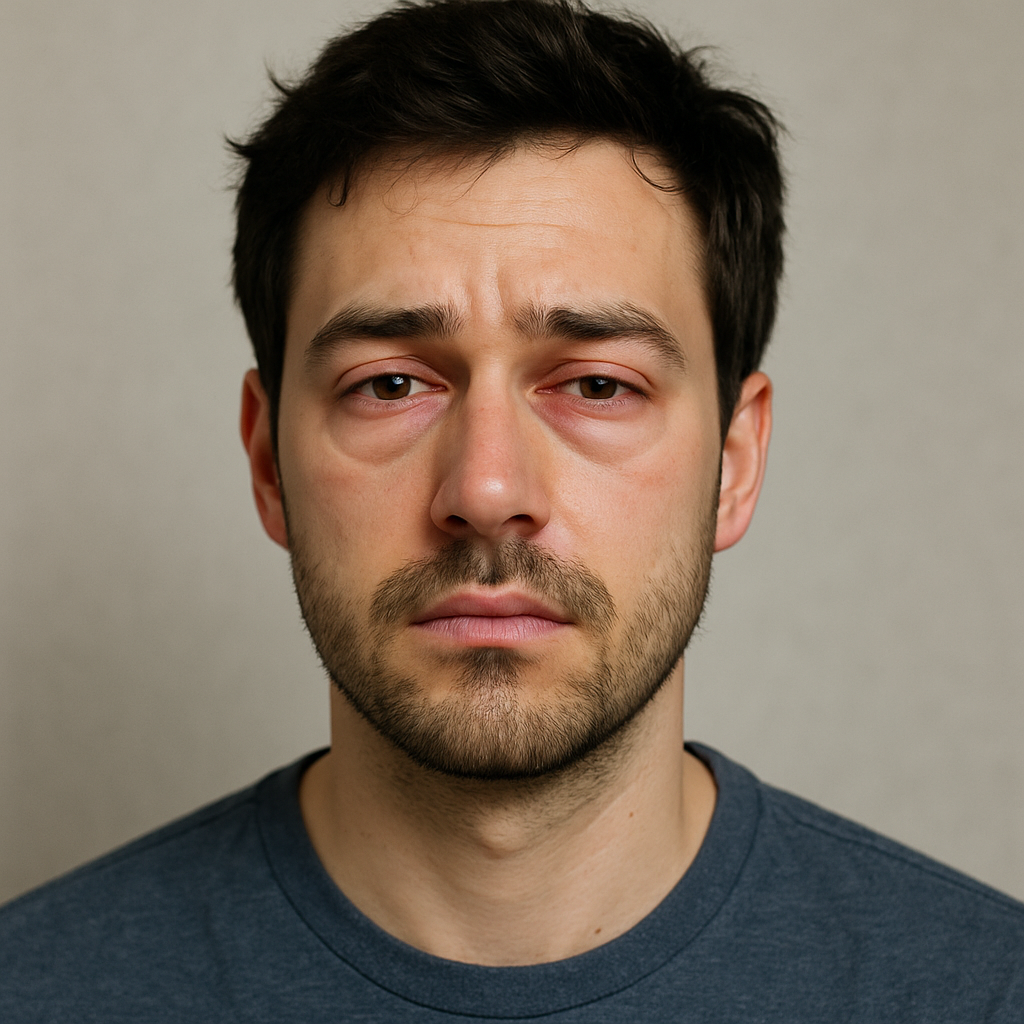 Young man with tired eyes and dark circles looking fatigued and stressed indoors