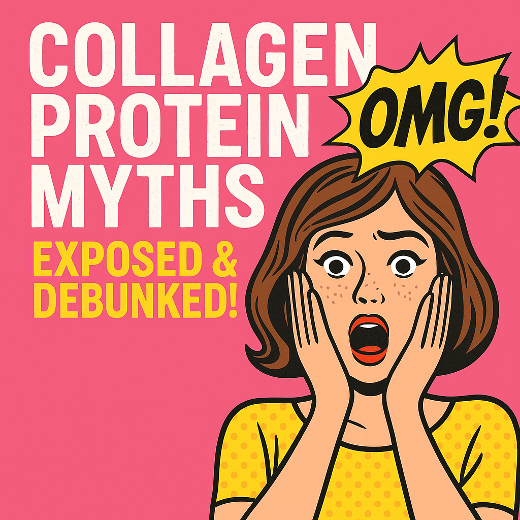 Cover image for blog post ‘Collagen Protein: Myths and Facts Explained,’ featuring bold text overlay, collagen supplement imagery, and a modern, eye-catching design to attract readers.