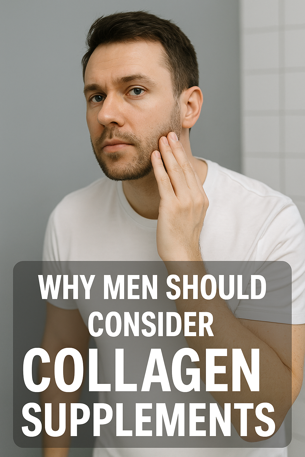 Man in his 30s examining his skin in the mirror with text overlay reading 'Why Men Should Consider Collagen Supplements' – skincare and wellness blog header image.