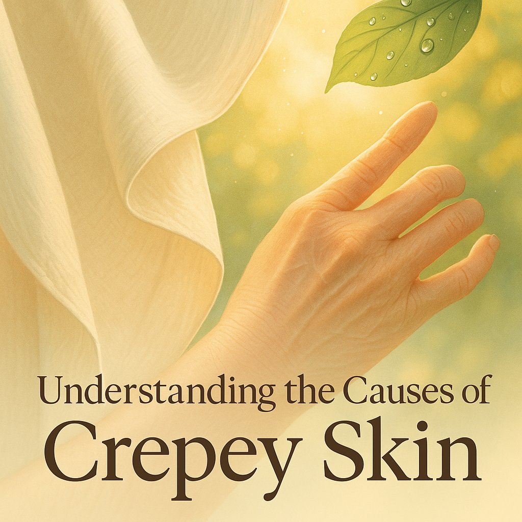 Artistic skincare image showing a hand draped with light fabric beneath a vibrant leaf with water droplets, symbolizing aging, crepey skin, and hydration-focused skincare tips.