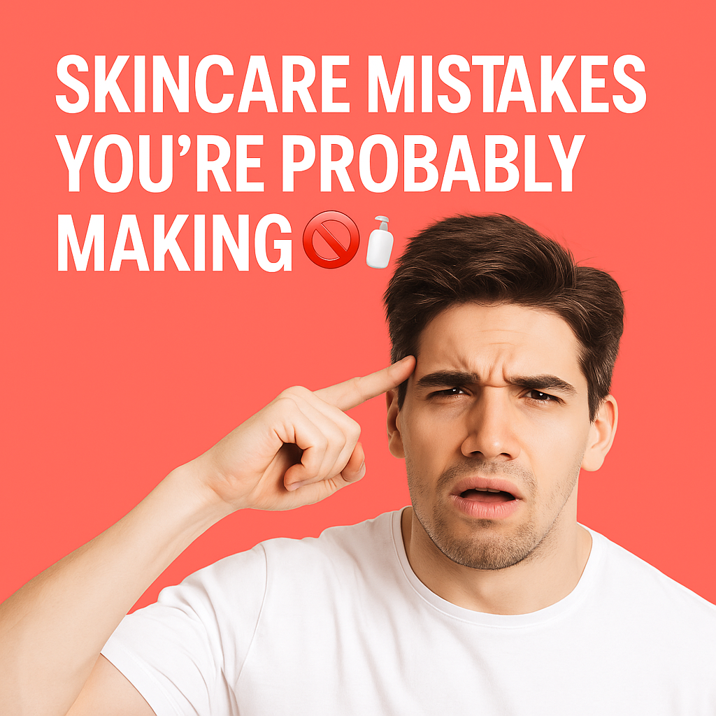 Confused man thinking about skincare mistakes with bold text ‘Skincare Mistakes You’re Probably Making’ on coral background – cover image for We Solve Skin blog post on common skincare errors