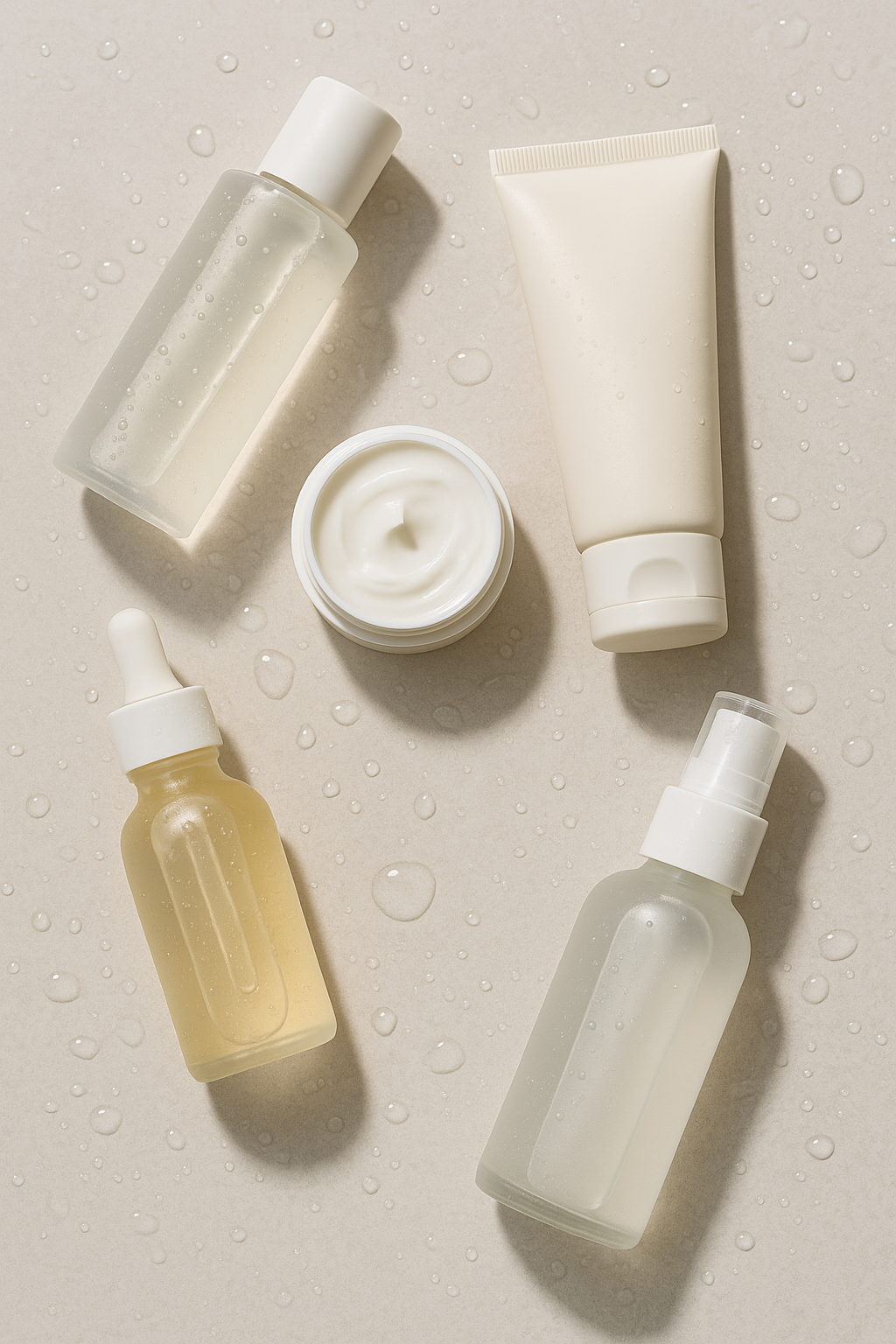 Flat lay of gender-neutral skincare products with water droplets, showcasing the skin flooding trend.