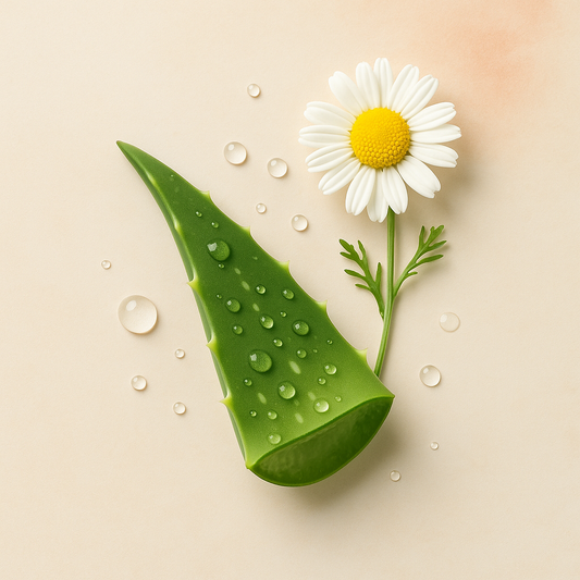 Aloe vera leaf with water droplets and a chamomile flower on a soft peach background with a faint blush tone, symbolizing soothing relief for red, irritated skin.