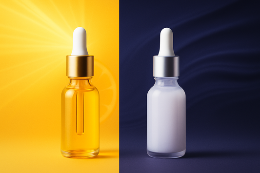 Golden Vitamin C serum bottle on sunny yellow vs milky Retinol bottle on deep navy, symbolizing day and night skincare.