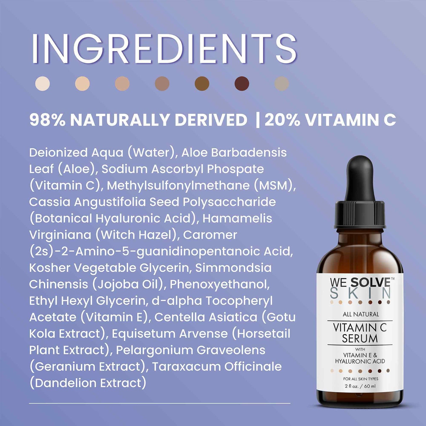 Vitamin C serum clean ingredients infographic with hyaluronic acid, jojoba oil, and aloe vera