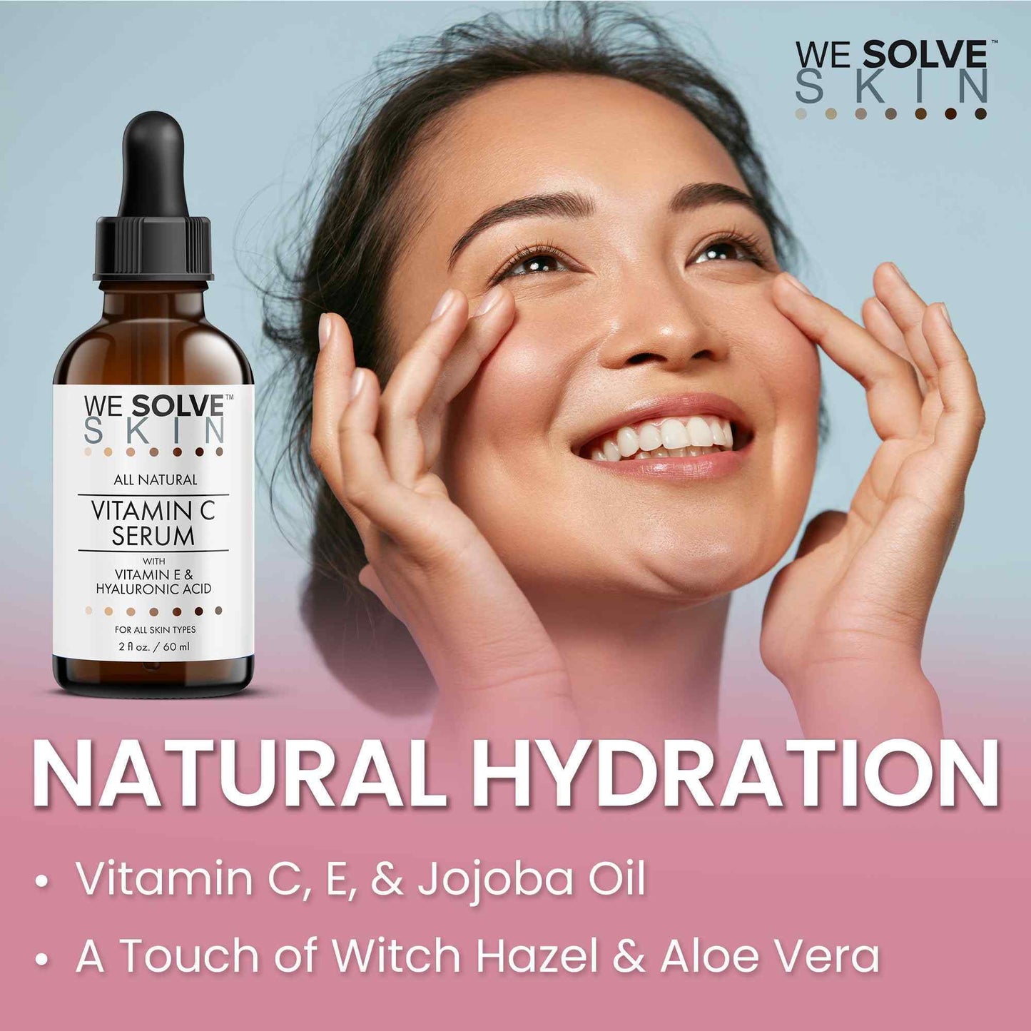 Vitamin C serum infographic showing brightening and hydrating benefits for glowing skin