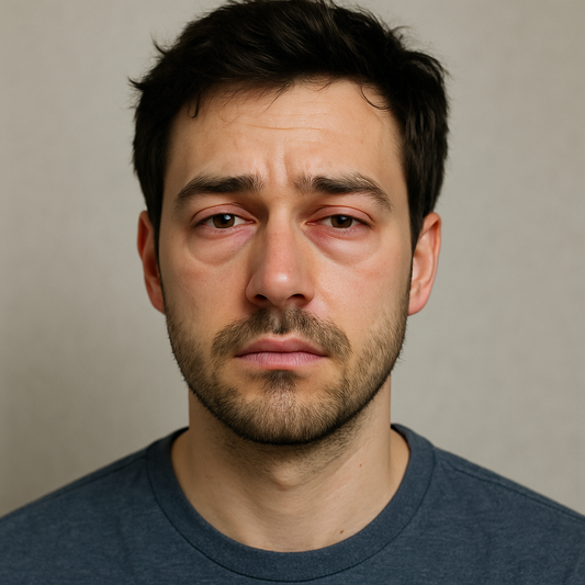 Young man with tired eyes and dark circles looking fatigued and stressed indoors