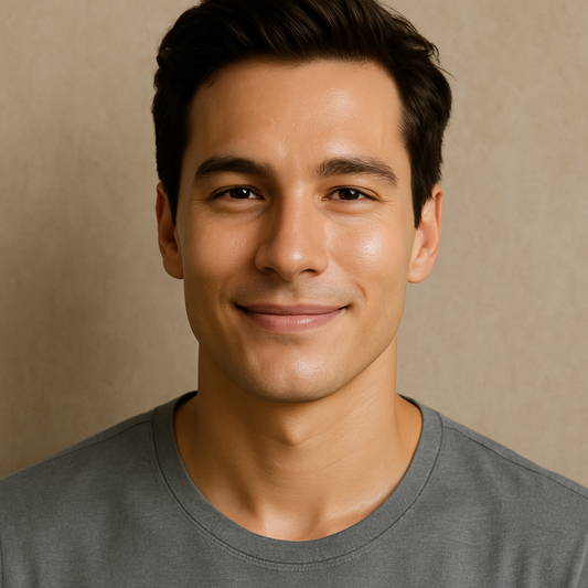 Confident young man with clear, glowing skin wearing a grey t-shirt, smiling against a neutral background – ideal for men’s skincare content.
