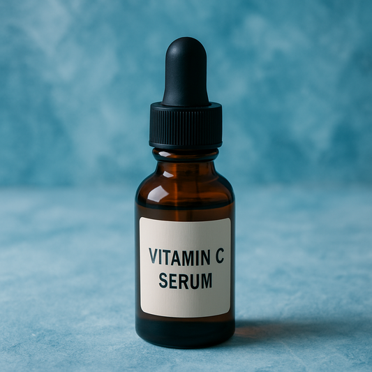Amber glass bottle labeled Vitamin C Serum with dropper cap, set against a soft blue background.