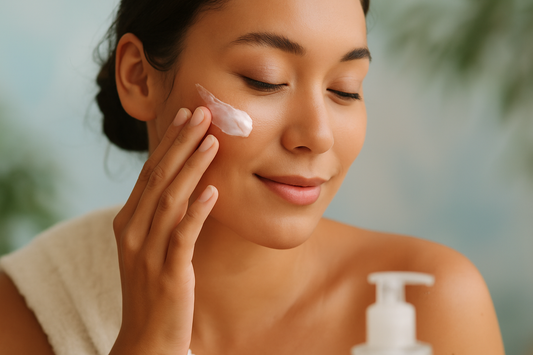 Woman applying cream for perioral dermatitis and sensitive skin care.