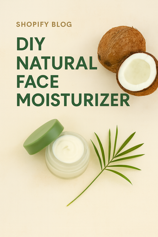 Illustrated cover image for a DIY Natural Face Moisturizer blog post, featuring a coconut, a green jar of cream, and botanical leaves on a beige background