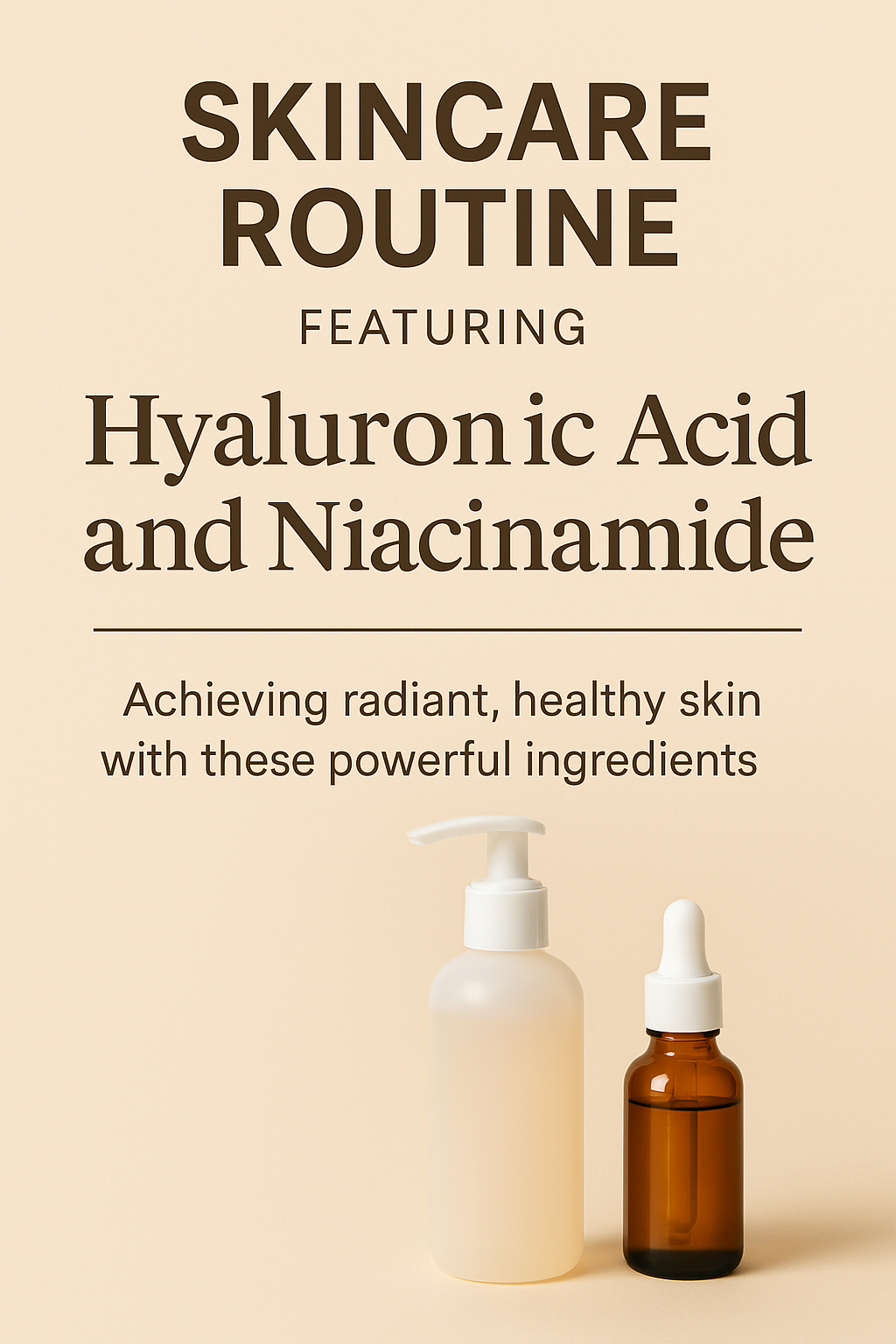 Flat lay of hyaluronic acid and niacinamide skincare bottles on beige background with text overlay reading Skincare Routine Featuring Hyaluronic Acid and Niacinamide.