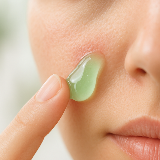 Close-up of a person applying translucent green aloe vera gel to slightly red, irritated skin on the cheek, showing soothing hydration and relief in a clean, spa-like setting.