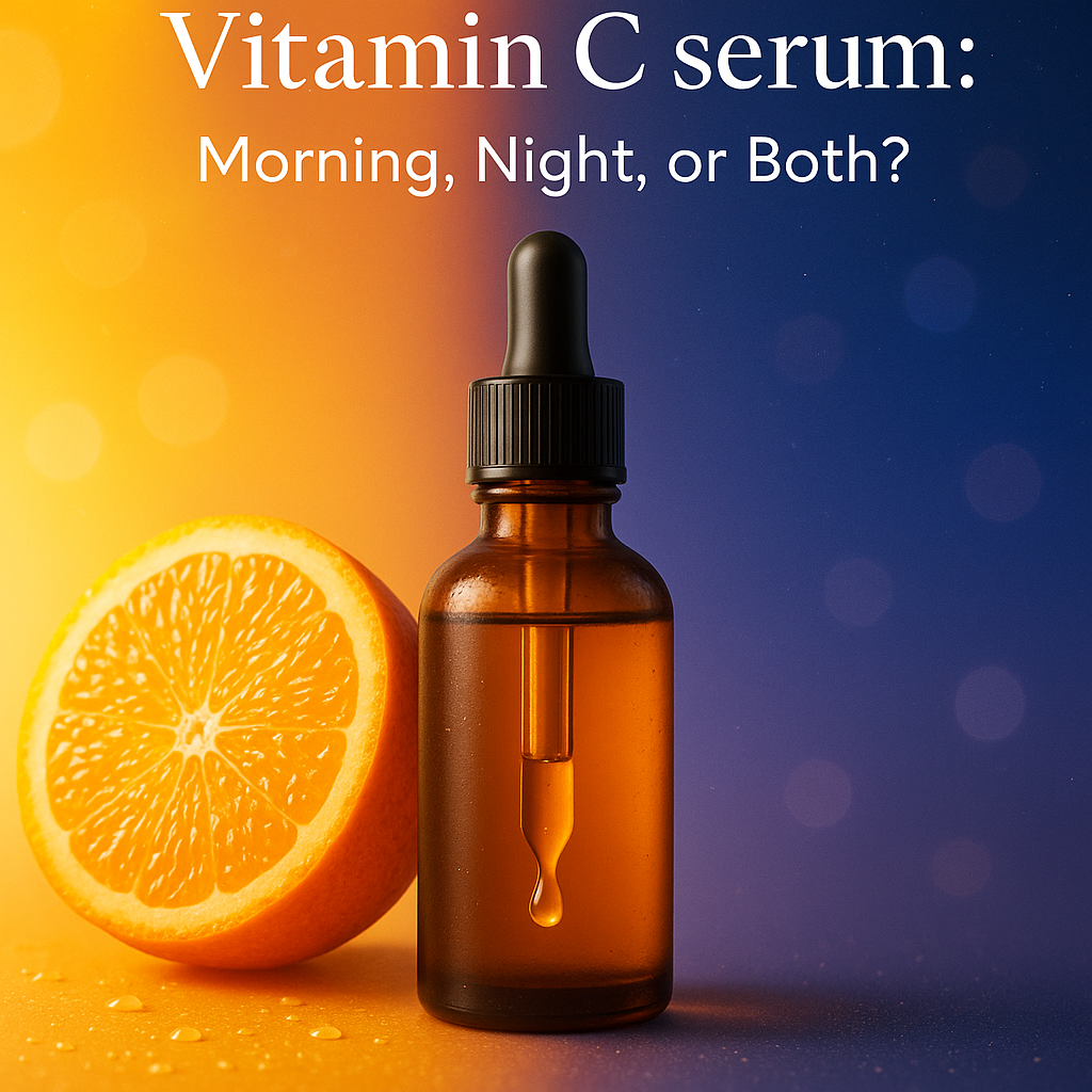 Split skincare concept image showing morning vs. night: fresh orange slices with dewy glow on the left and a sleek frosted Vitamin C serum bottle with a glowing drop on the right, symbolizing when to use Vitamin C serum for radiant skin.