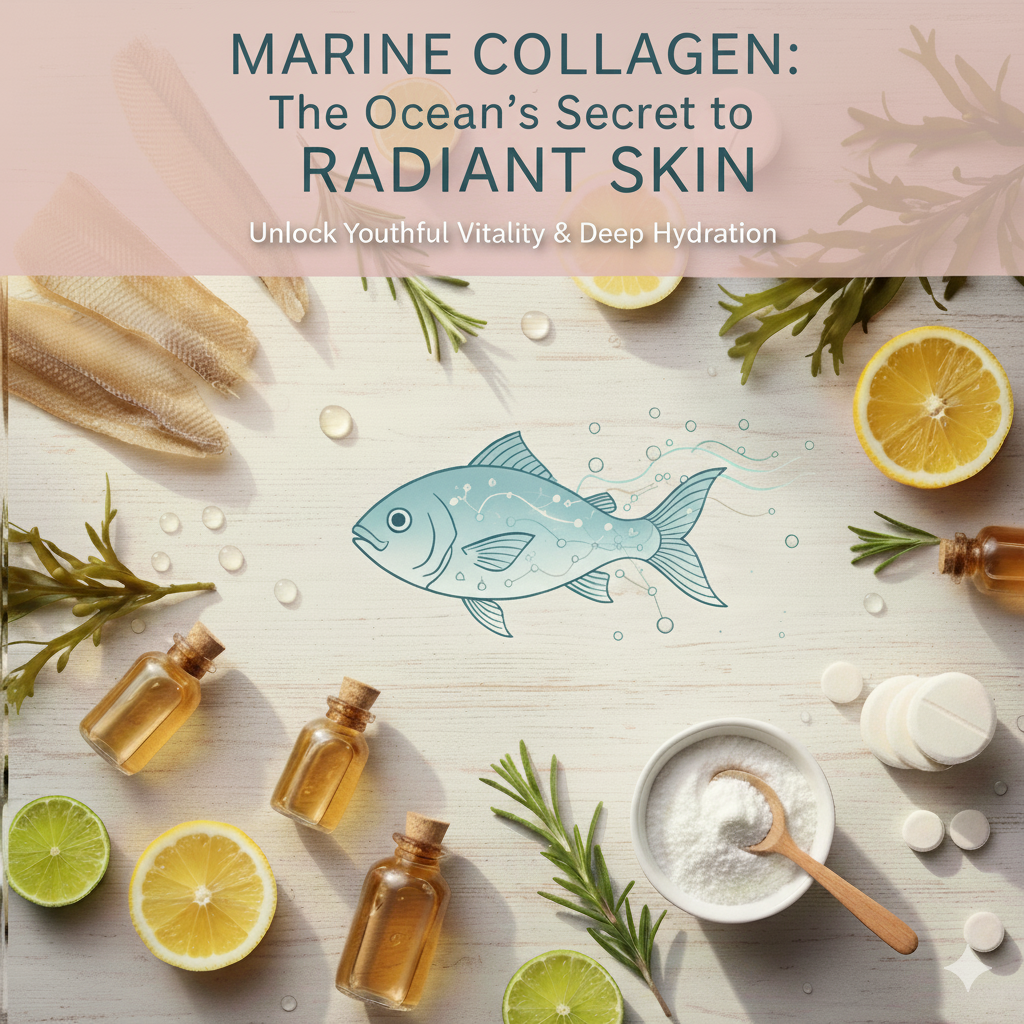 Marine collagen blog cover with fish illustration, citrus, herbs, collagen powder, and blush overlay headline about radiant skin.