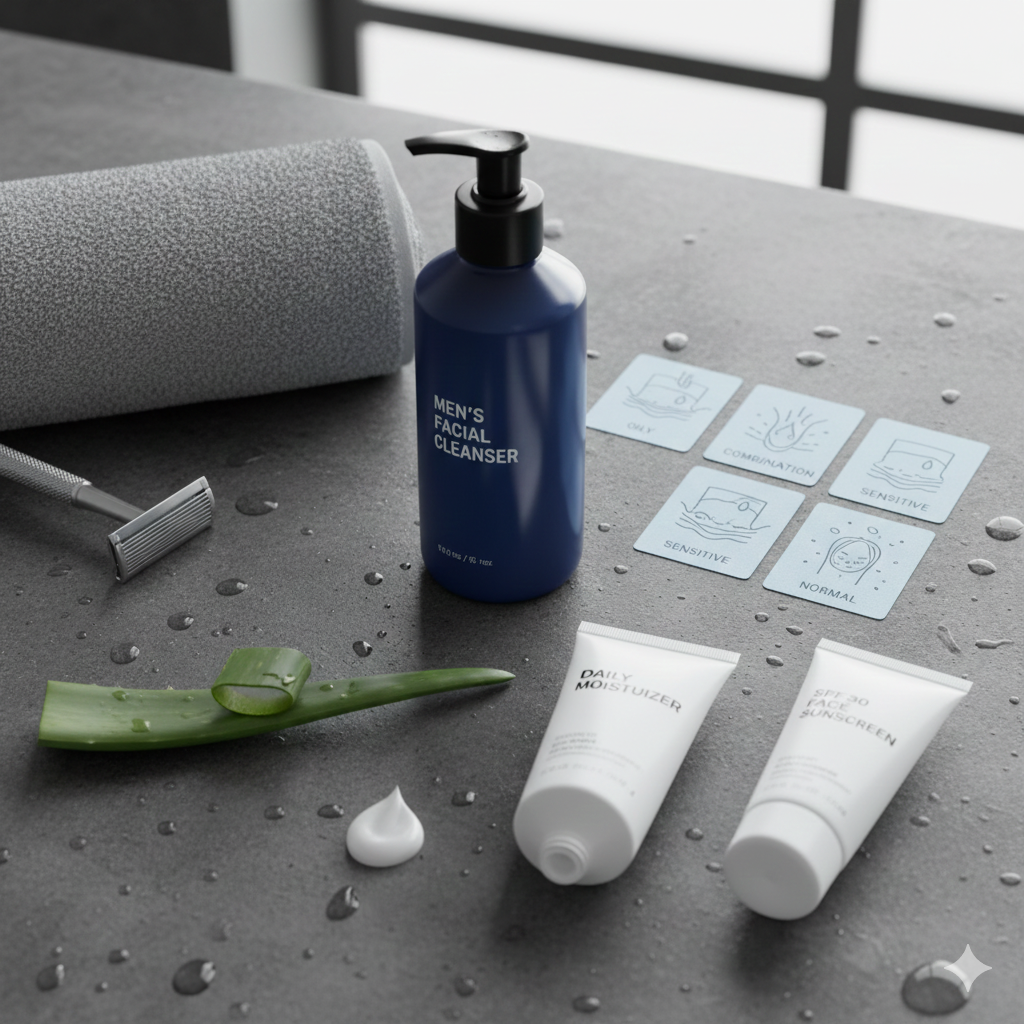 Flatlay of a men’s facial cleanser bottle, daily moisturizer, SPF 30 face sunscreen, razor, towel, aloe vera leaf, and blue skin type cards (oily, combination, sensitive, normal) on a wet bathroom counter.