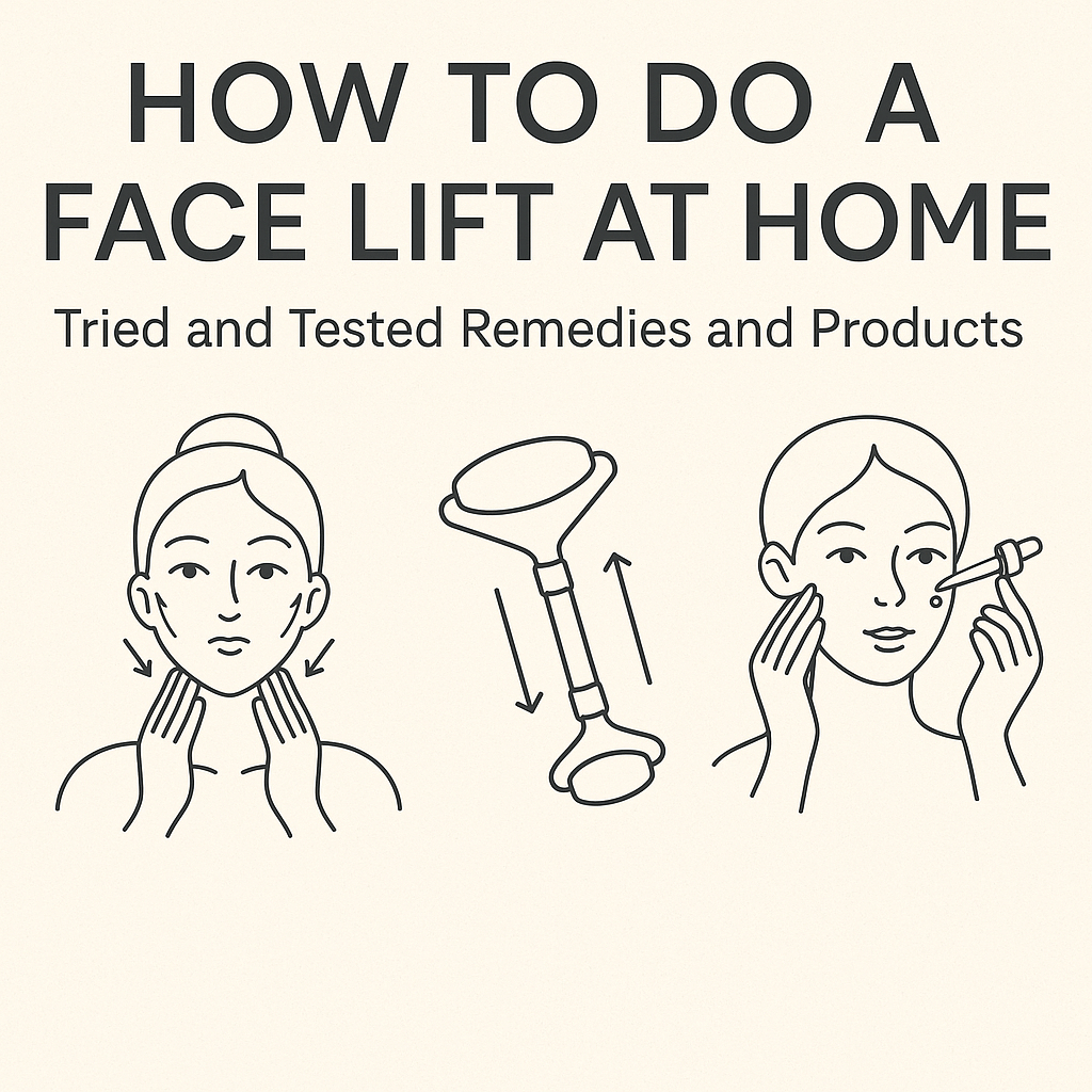 At-home face lift with natural remedies and anti-aging skincare tools for firmer skin