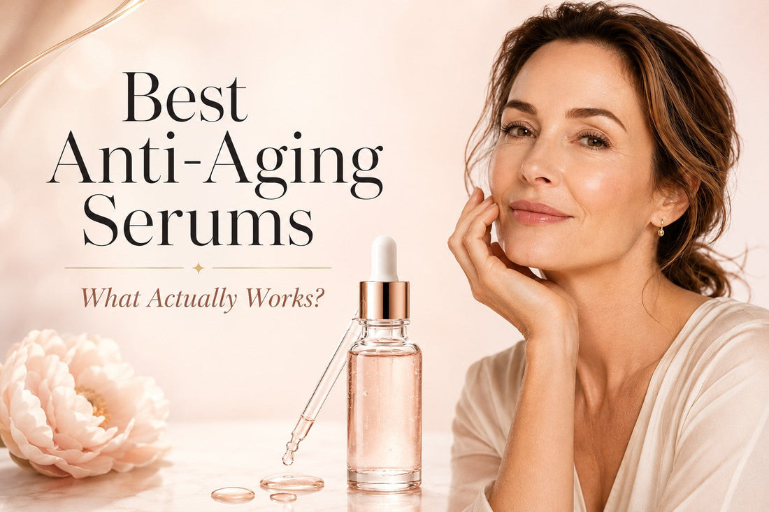 Best anti-aging serums for youthful-looking skin with a mature woman, serum dropper bottle, and soft blush skincare background.