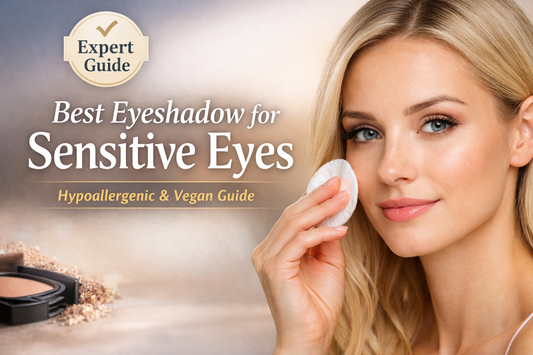 Close-up of model applying hypoallergenic eyeshadow for sensitive eyes with soft, irritation-free makeup look