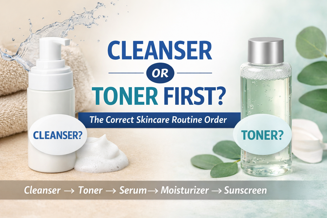 Cleanser or toner first skincare routine order infographic showing correct layering steps