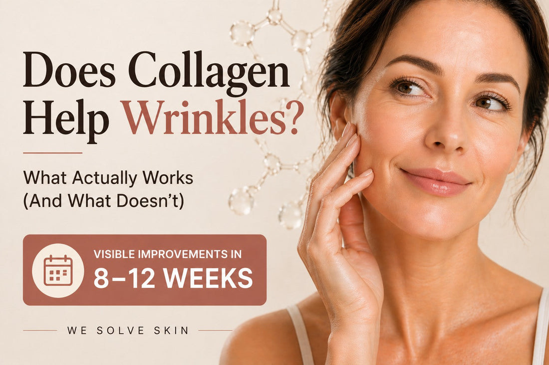 Does collagen help wrinkles infographic showing 8-12 week timeline for visible skin improvement