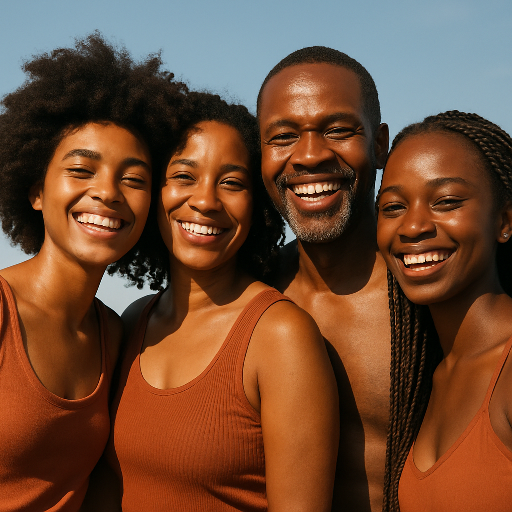 A happy Black family, two young women and a man, smiling widely at the camera with clear blue sky in the background