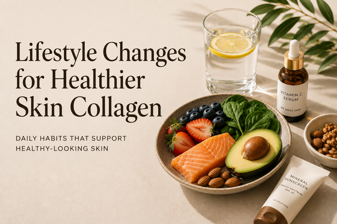 Lifestyle changes for healthier skin collagen with vitamin C serum, sunscreen, salmon, avocado, berries, and wellness-focused skincare essentials on a neutral background.