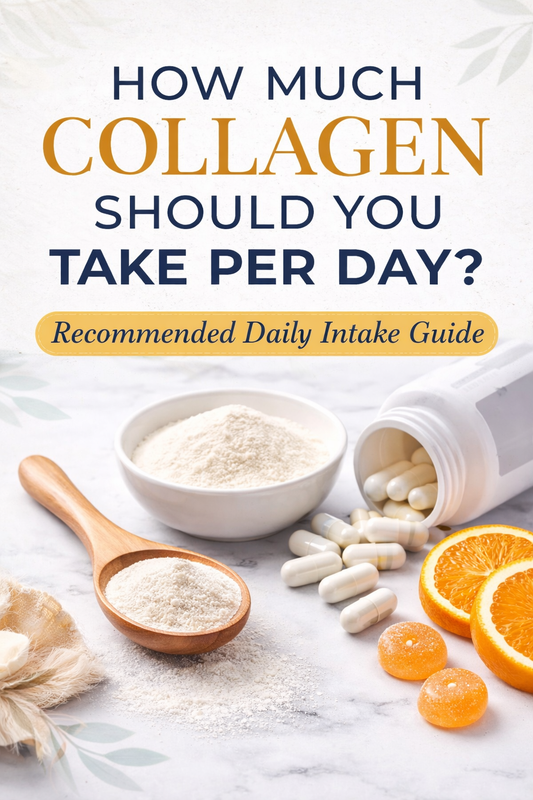Cover image showing collagen powder, capsules, and gummies with the title “How Much Collagen Should You Take Per Day” and recommended daily intake guide