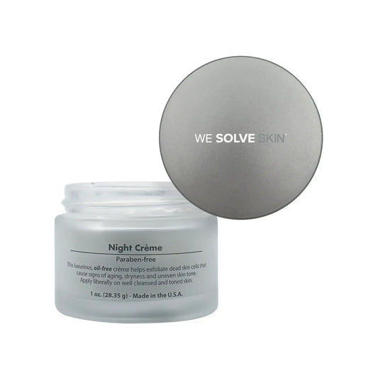 Night Renewal Crème with glycolic acid in a jar, promoting smoother, brighter skin for nighttime hydration.