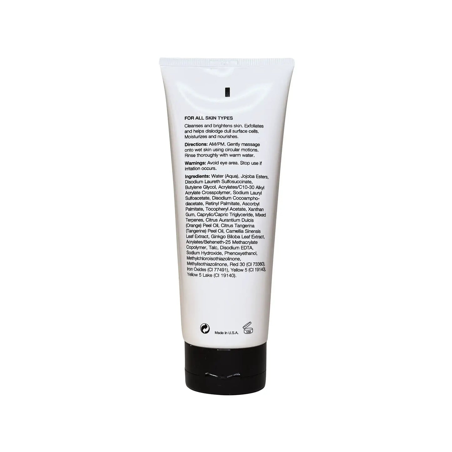 Back of Vitamin C Facial Cleanser tube showing ingredients and usage instructions for all skin types.