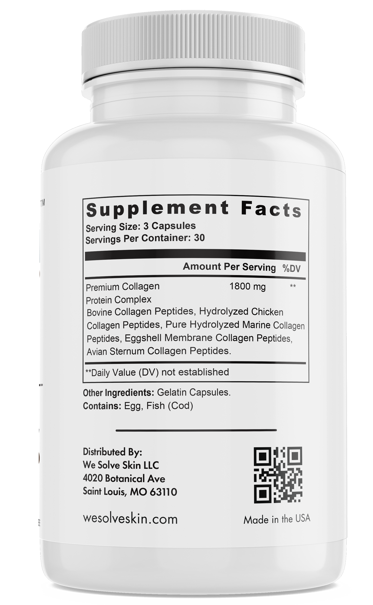 Multi collagen supplement facts label showing types I, II, III, V, and X with daily dosage