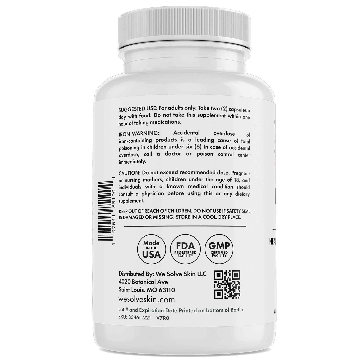 Vitamin capsule bottle label with usage directions and daily serving for hair skin and nails support