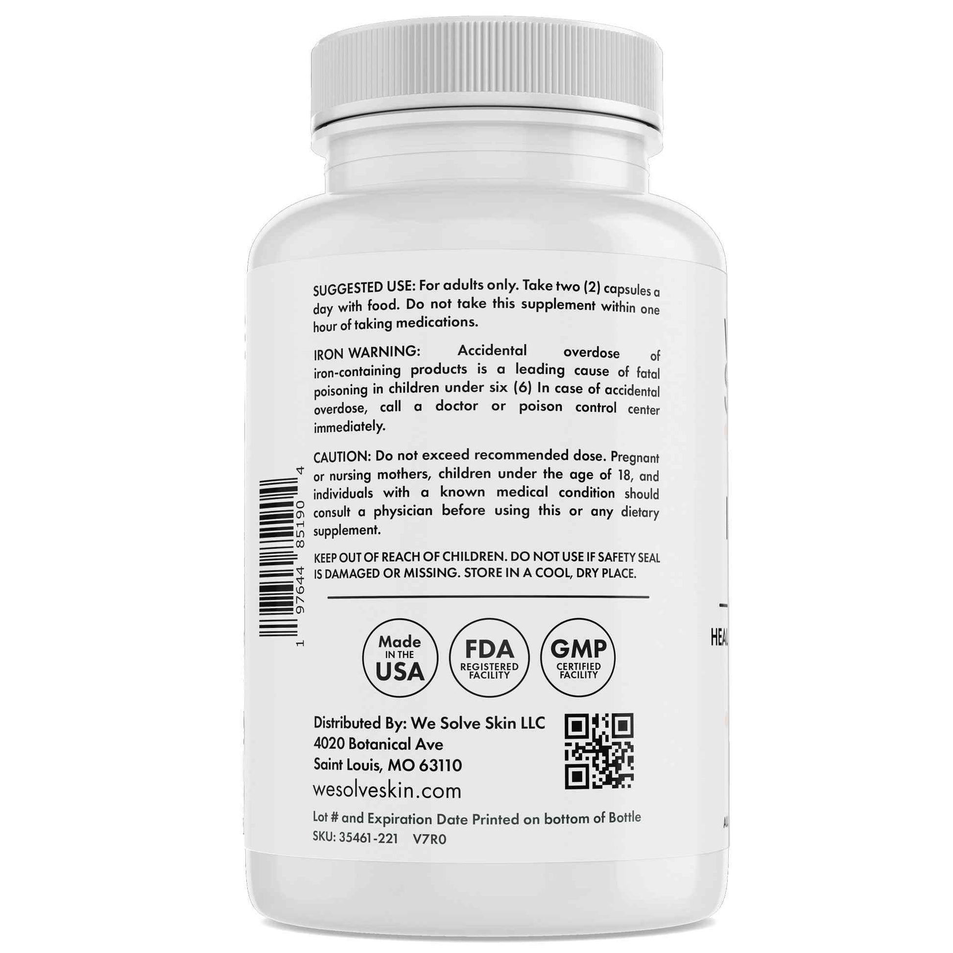 Vitamin capsule bottle label with usage directions and daily serving for hair skin and nails support