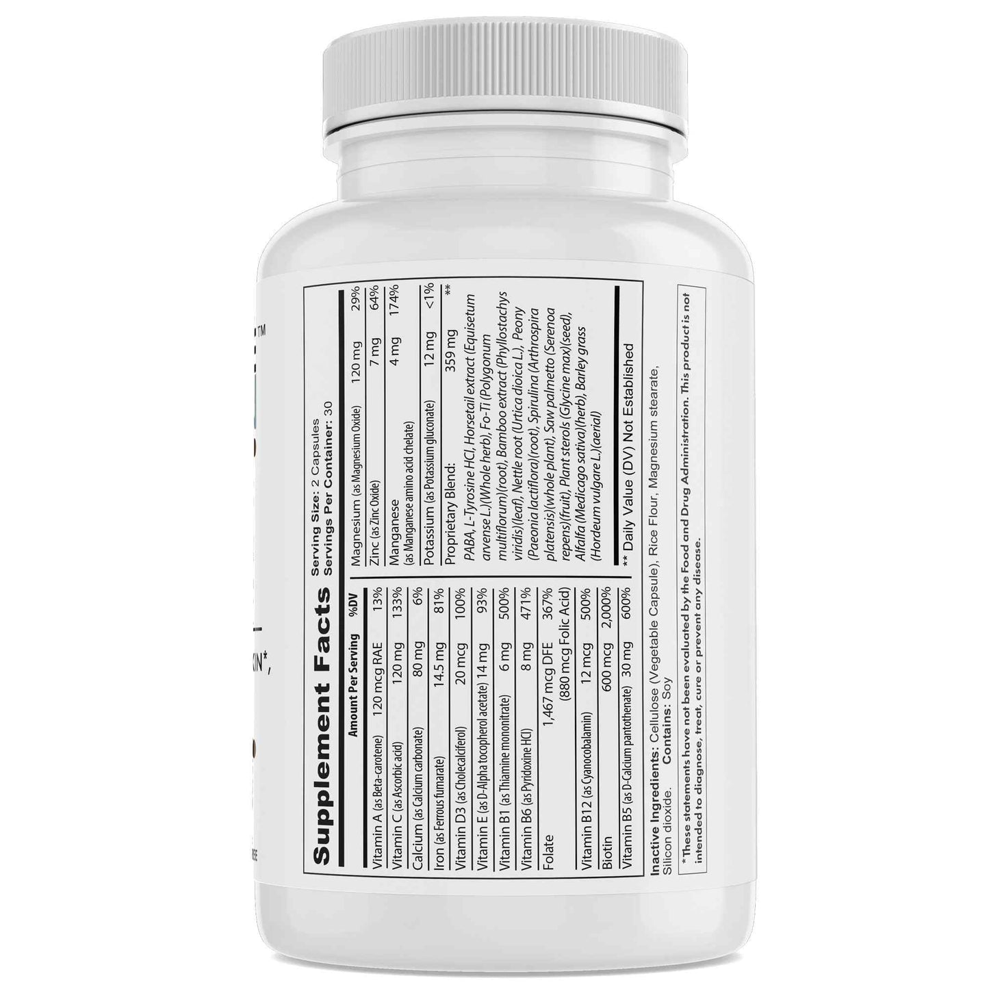 Hair skin and nails supplement facts with biotin, collagen, and folic acid dosage