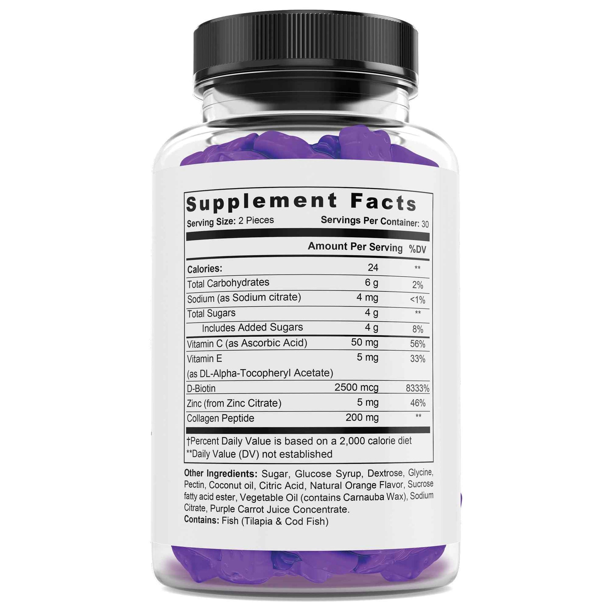 Collagen gummy supplement facts label with dosage and ingredients